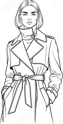 Elegant female fashion illustration featuring a stylish woman wearing a belted double-breasted trench coat with a high collar and confident expression showcasing classic outerwear design elements