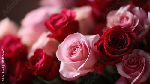 bunch of red and pink roses in full bloom, romantic flowers background, love and affection concept