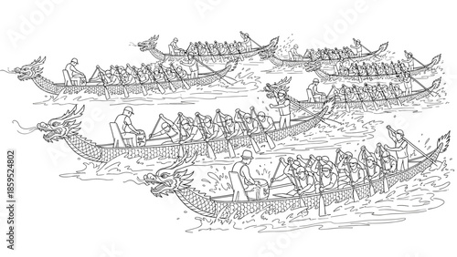 Detailed dragon boat festival: line art of traditional racing scene
