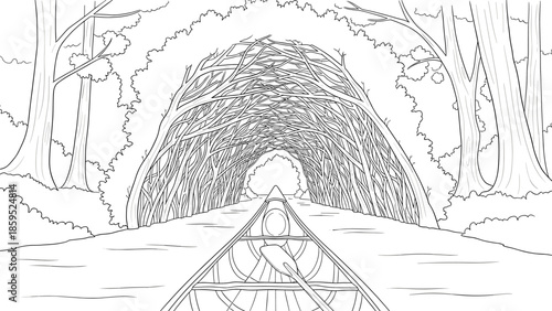 Canoe journey through forest tunnel of twisting branches