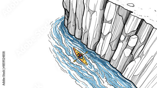 Kayaker navigating rapids alongside cliff in dynamic hand drawn style