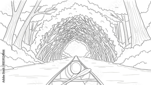 Canoe adventure through mystic forest tunnel in tranquil outline art