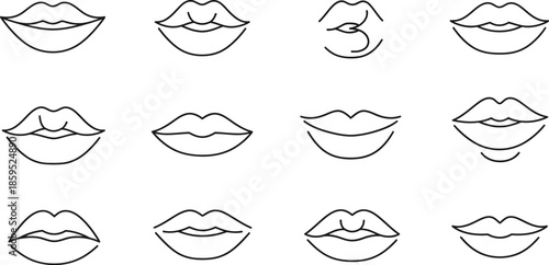 Collection of twelve minimalist black outline icons depicting various styles of human lips suggesting different expressions or lipstick shapes for beauty design elements