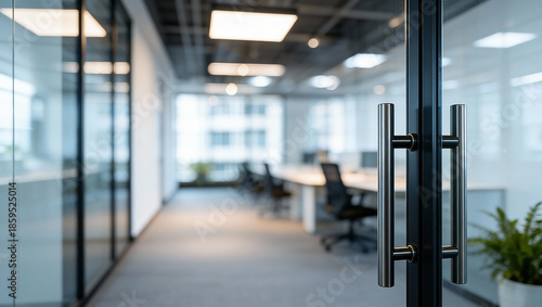 Soft-focus bokeh view of modern open-plan office through glass door with black handle, glass partitions, warm lighting, natural light and minimalist professional corporate aesthetic