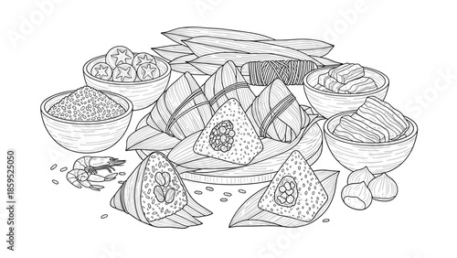 Traditional asian food assortment in black and white line art