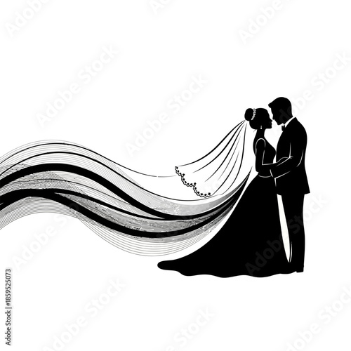 Elegant silhouette illustration of a bride with flowing veil, creating a romantic and minimalist wedding concept