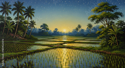 Vibrant painting of a tropical rice paddy landscape at sunrise with palm trees and starry sky reflecting on the water.