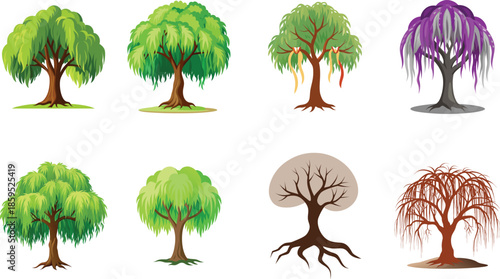 A comprehensive collection of tree vector silhouettes and nature illustrations featuring oak, pine, palm, and birch branches with summer leaves and autumn flowers in a black garden pattern design