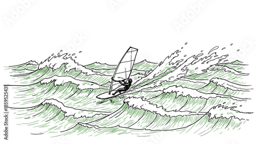 Dynamic linear drawing of windsurfing adventure on rough ocean waves