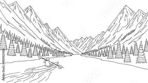 Scenic mountain lake with canoe in black and white linear art
