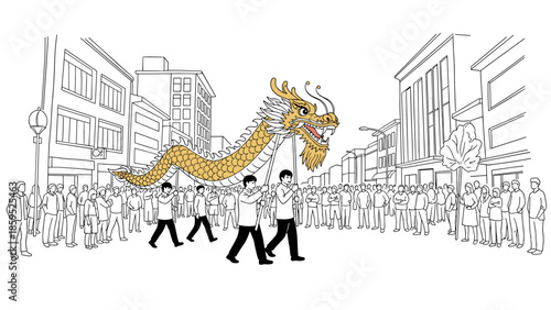 Festival parade with dragon puppet on city street in line art style