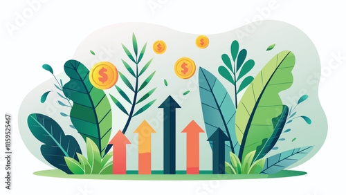 Flat illustration of a smart investment concept with growing plants and rising arrows indicating financial growth and success