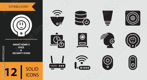 Editable vector icons representing smart home, office automation, and modern security devices