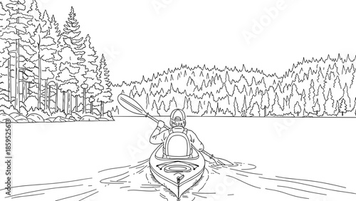 Scenic adventure kayaking in tranquil forest lake with pine trees