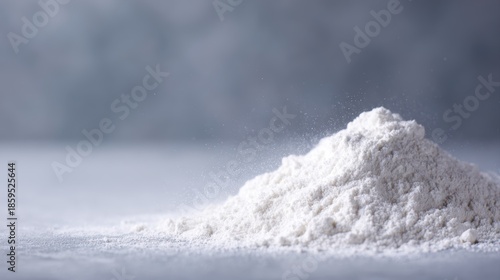 close-up of fine white powder, gypsum or diatomite, isolated on grey background, macro chemical and plaster detail