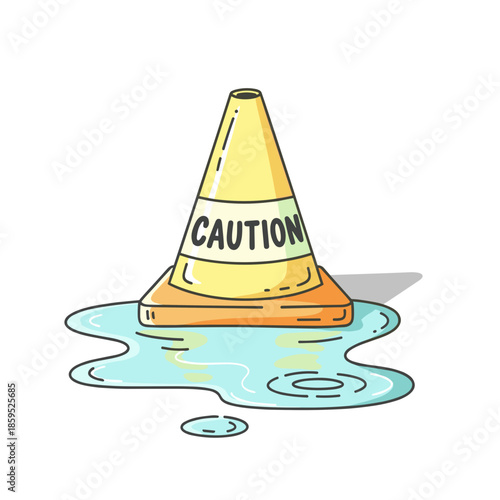 Caution cone with water pooling around it on white background  