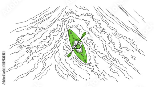 Kayaker navigating rapids in dynamic linear art style