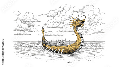 Dragon boat with clouds and ocean in engraved style art