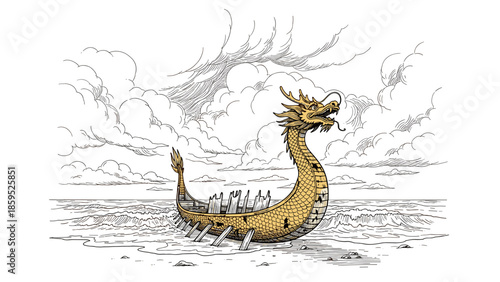 Intricate dragon shipwreck on ocean waves in detailed ink style