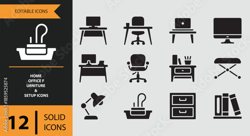 Collection of 12 solid icons depicting essential home office furniture and setup items
