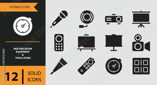 Essential solid icons for modern meeting room equipment, presentation tools, and collaboration
