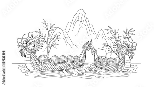 Traditional dragon boats on serene lake with majestic mountain background in linear style