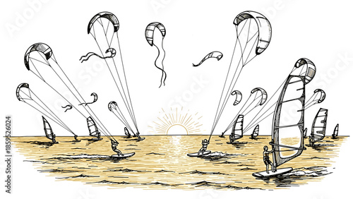 Dynamic kite surfing adventure at sunset with multiple riders and kites