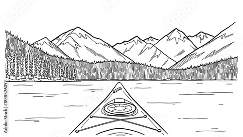 Kayaking adventure in mountainous lake with pine forest in black and white line art style