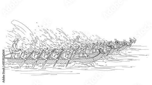 Dragon boat racing team sketch with splashing water and detailed line art