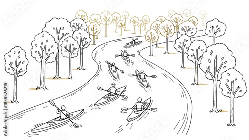 Group kayaking in autumn forest: black and white line art adventure