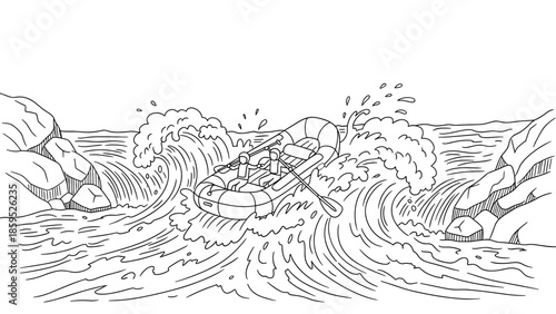 Exciting line art of whitewater rafting adventure with rapids and rocks