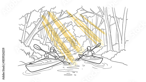 Kayaking adventure in sunlit forest creek line art