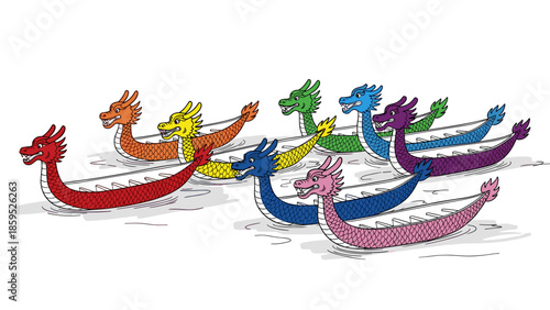 Colorful dragon boats racing in vibrant fleet on water