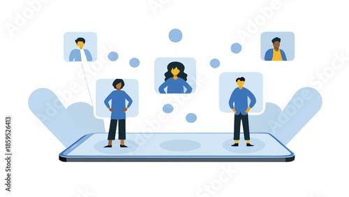 Flat illustration of people standing on a smartphone with thought bubbles of other people around them, representing social media and online