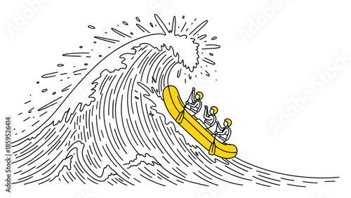 Adventure rafting down a massive wave in linear art style
