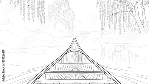 Peaceful canoe ride through serene lakeside landscape in linear style