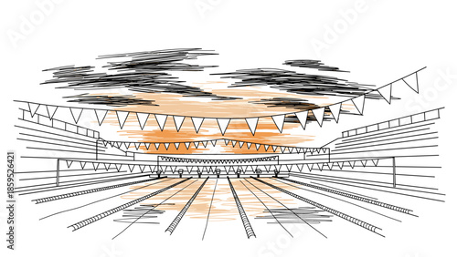 Hand-drawn swimming pool at sunset with dramatic skies and flags