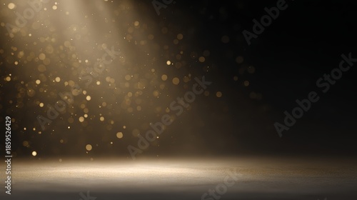 empty stage at night with golden confetti rain and spotlight, mockup with copy space for festive events, awards, or product display