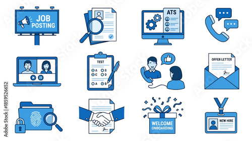Business hiring process icons for recruitment and employment