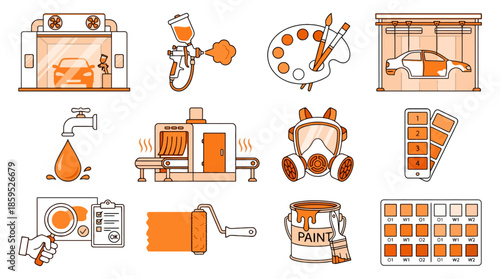 Orange illustrations of various painting and automotive tools and equipment