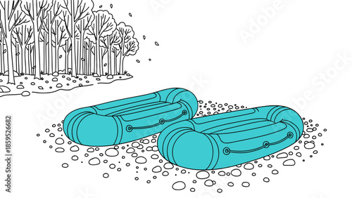 Raft adventure journey in scenic winter forest with snowfall art