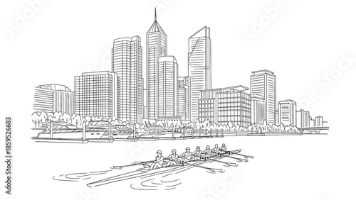 Rowing team in urban landscape with skyscrapers and boats in minimalist linear style