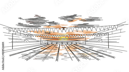 Sunset over a swimming pool with lanes and flags in a linear style