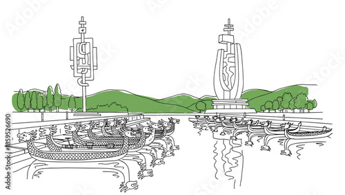Dragon boat festival celebration at riverside monument in linear art style