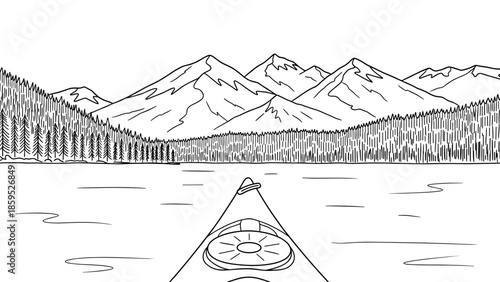 Kayaking journey through serene mountain lake in black and white outline art