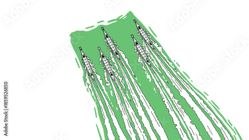 Aerial display of fighter jets in formation with contrail streams on green background