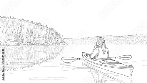 Serene kayaking adventure on tranquil lake with forest view in linear style