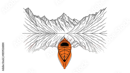 Orange kayak on reflective lake with mountain reflections in black and white line art