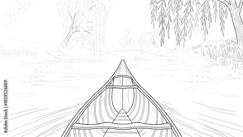 Peaceful river scene from kayak perspective in tranquil linear style