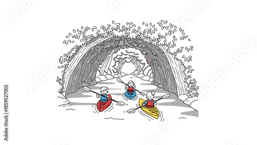 Canoe adventure: people paddling under lush tree arch on a serene river